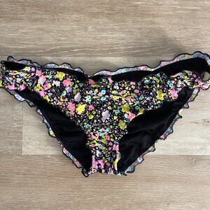 Victoria's Secret Bikini Bottoms, Black & Flower Print, Ruched Back, Medium, NEW
